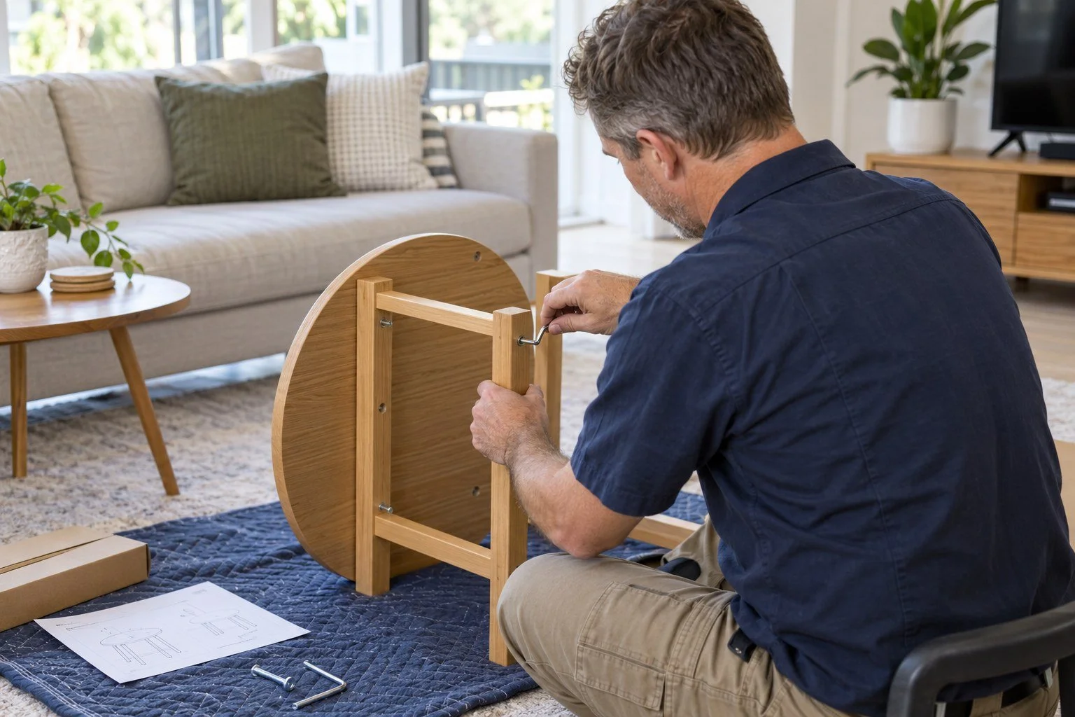 Handyman assembling a small flatpack table with an Allen key.