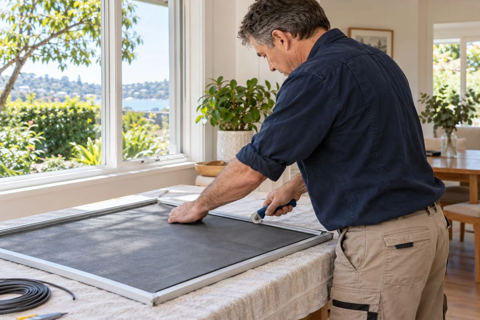 Handyman replacing mesh in an aluminium flyscreen on a workbench.