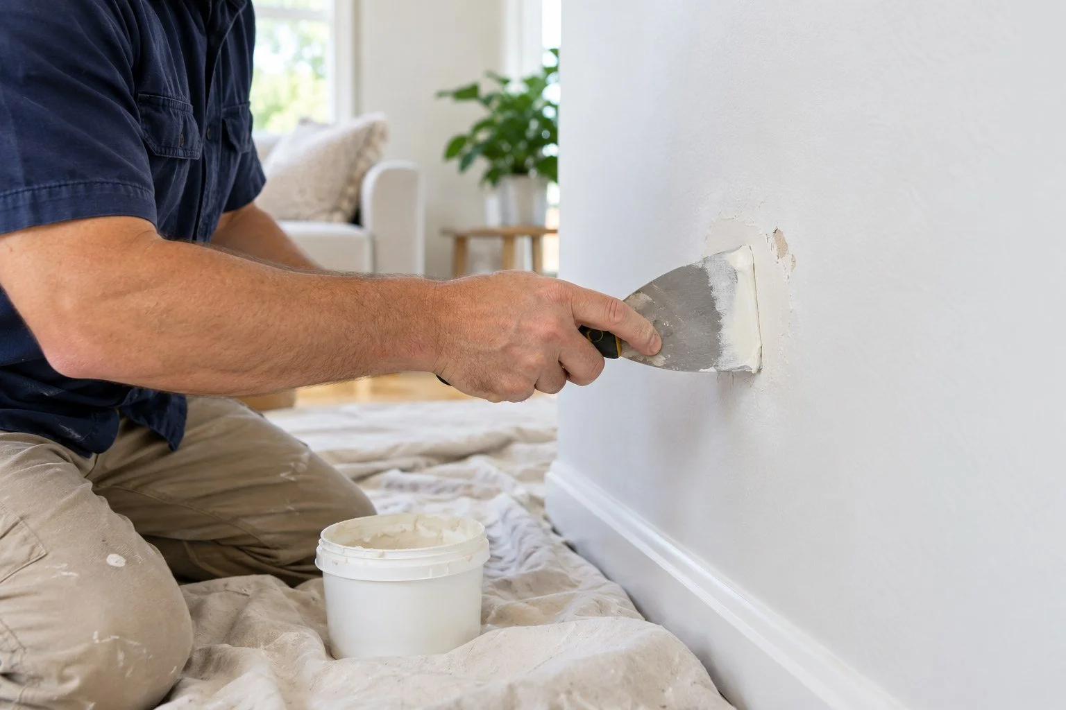Handyman smoothing filler over a small patch in an interior wall.