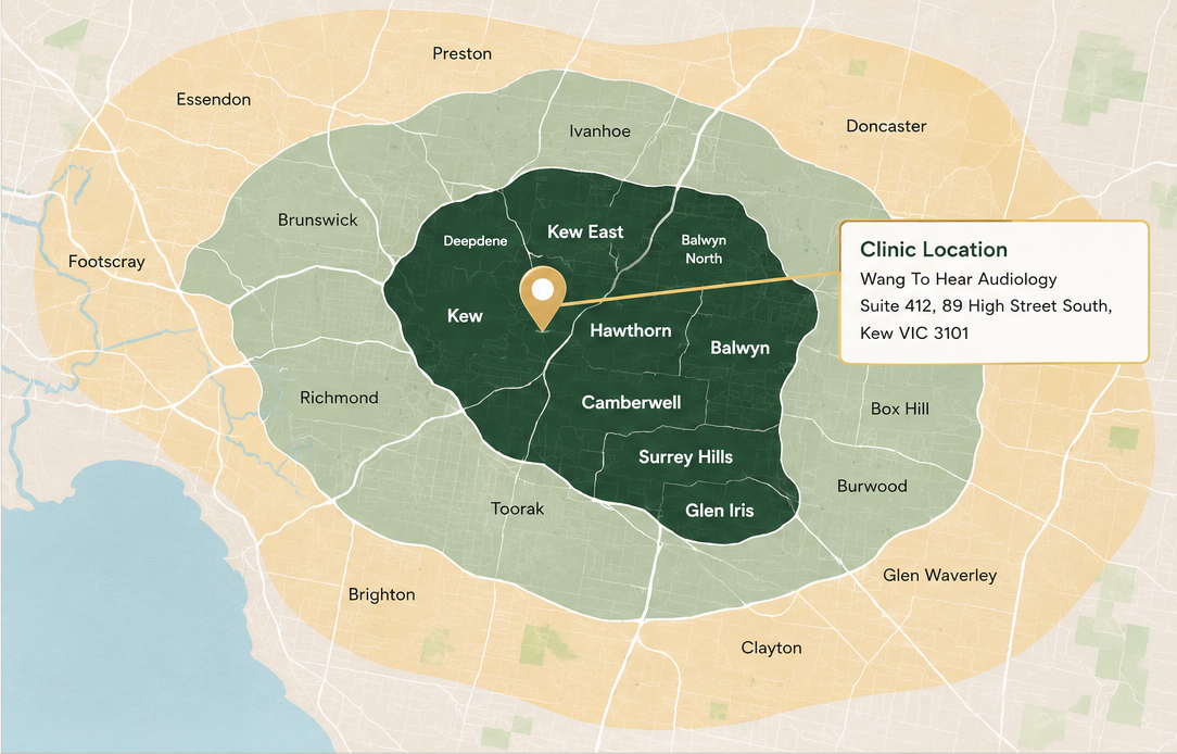 Wang To Hear home visit service area map showing travel fee zones across Melbourne