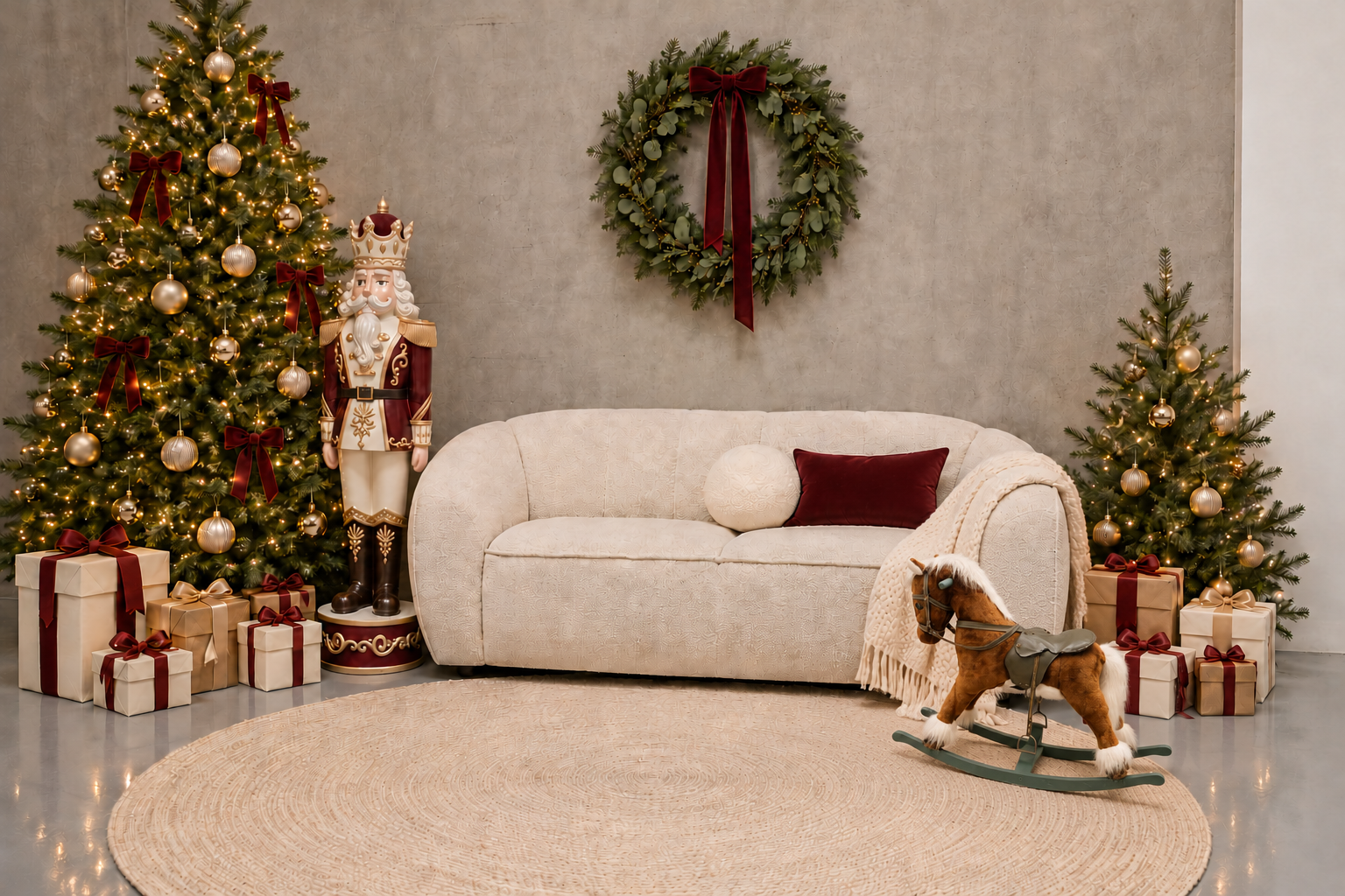 Christmas set concept with a cream sofa, warm tree lights and burgundy ribbons