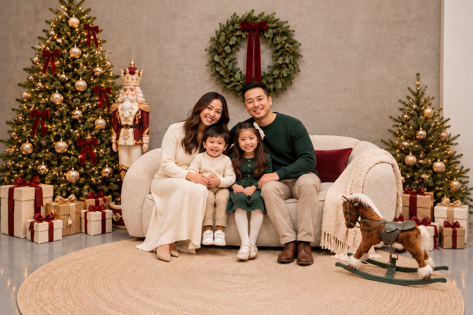 Illustrative family portrait in the cream, burgundy and gold Christmas setting
