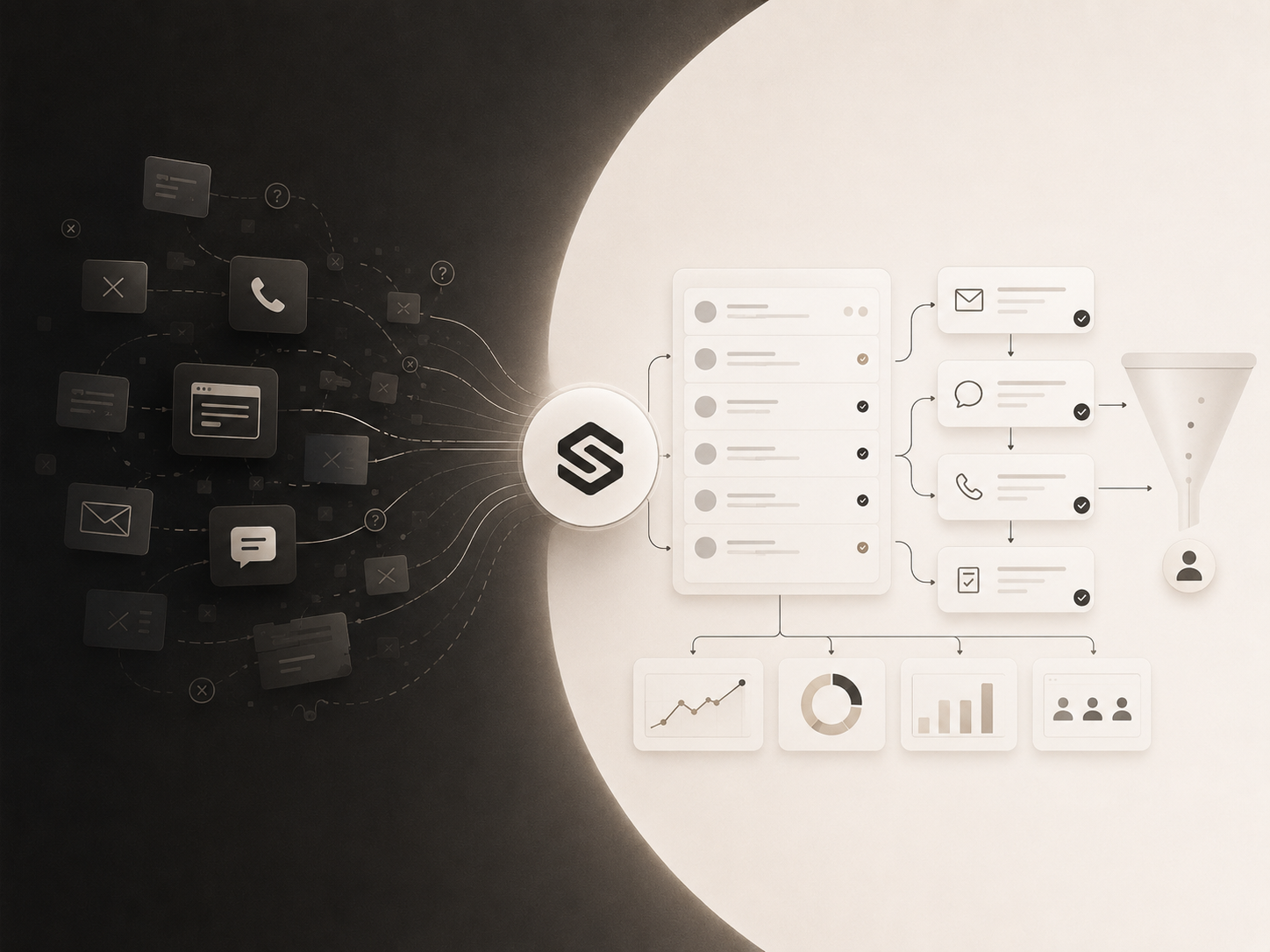 Lead Rescue illustration showing disconnected incoming leads from forms, calls, email and chat becoming an organized workflow and funnel.