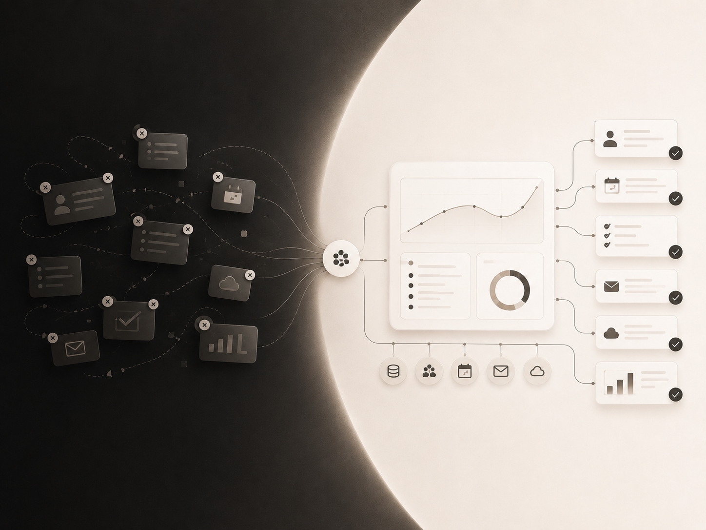 Workflow Activation illustration showing disconnected tools and manual steps turning into a unified dashboard and organized outputs.