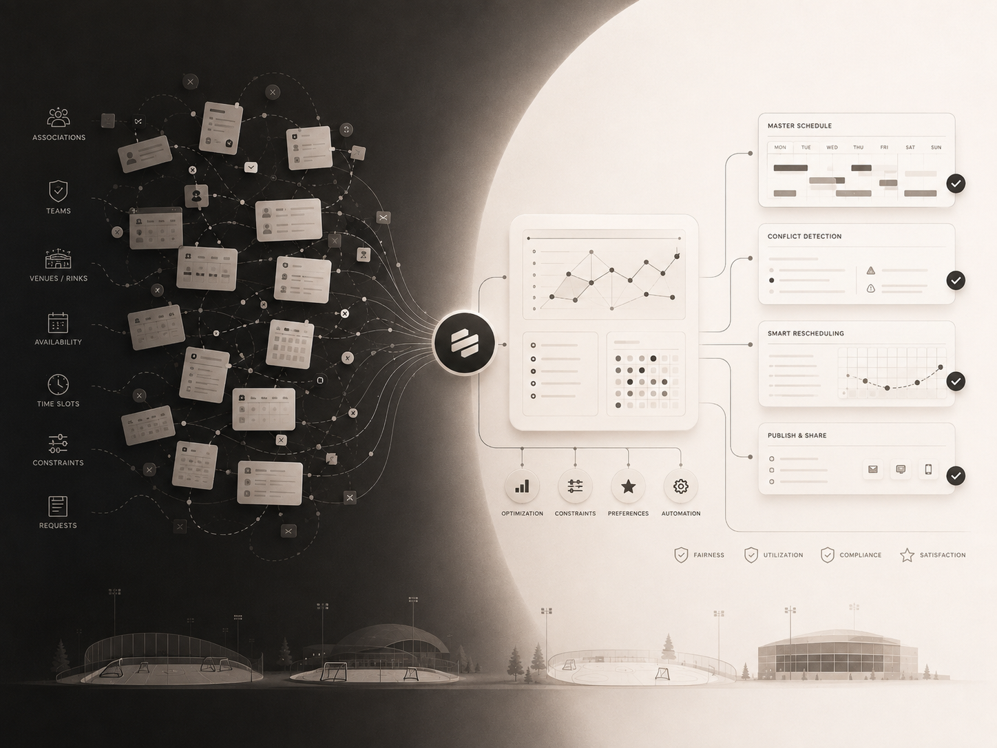 Concept visual showing many scheduling inputs being turned into an organized master schedule with conflict detection and smart rescheduling.
