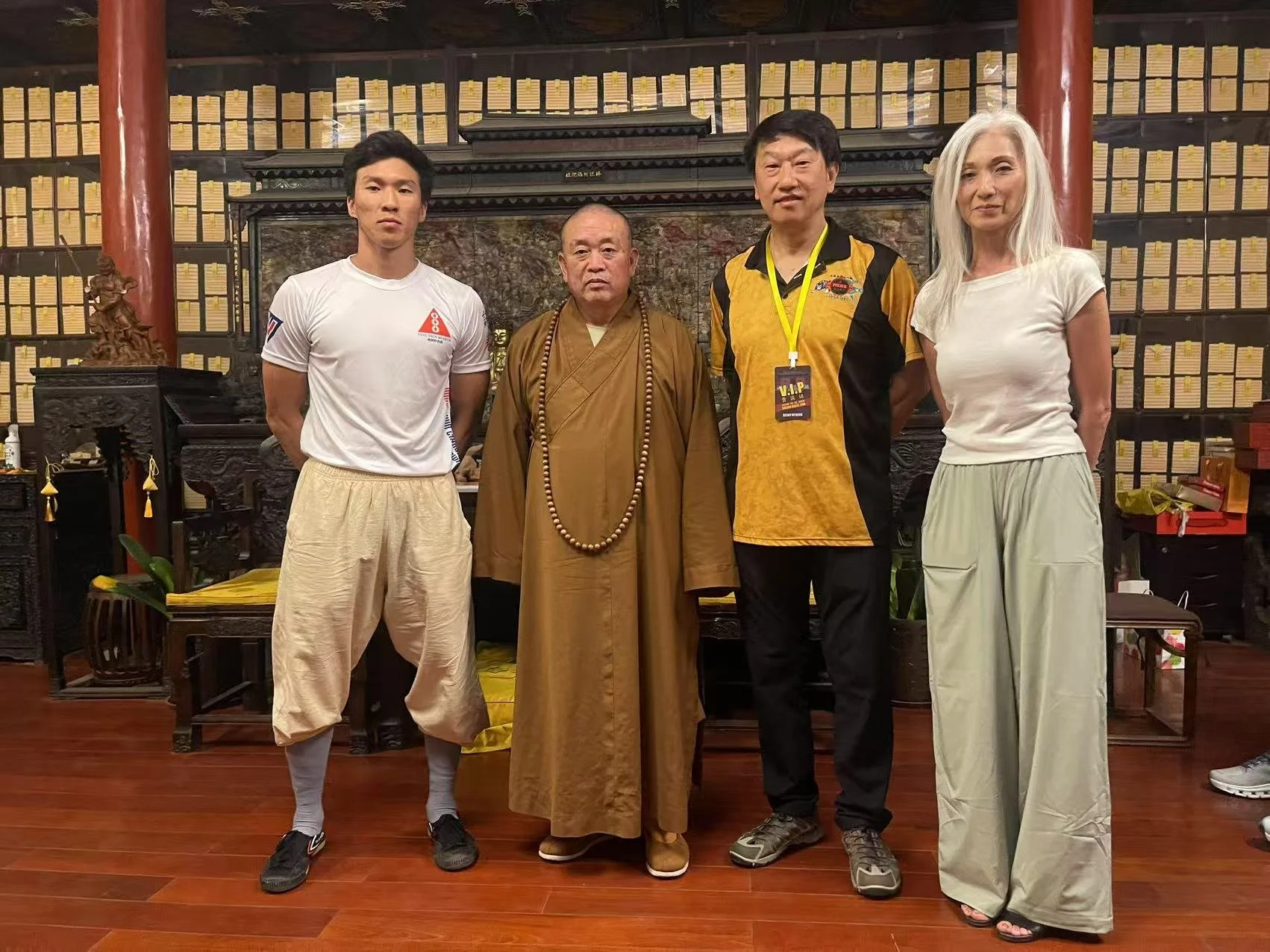 GM Meng, Simo Sunmi P Meng and Vincent Meng discuss Wing Chun research with the Head Abbot of Shaolin Temple in 2025 at the Northern Shaolin Temple.