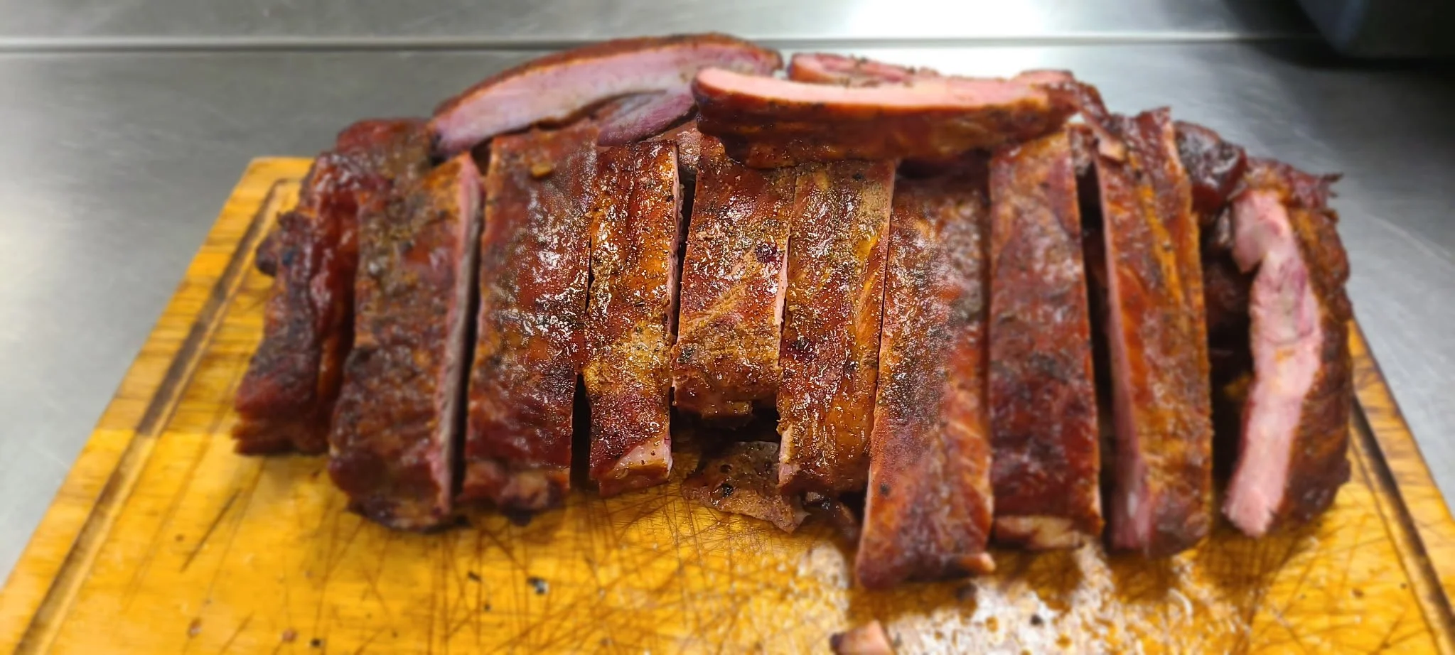 Sliced rib slabs on a cutting board