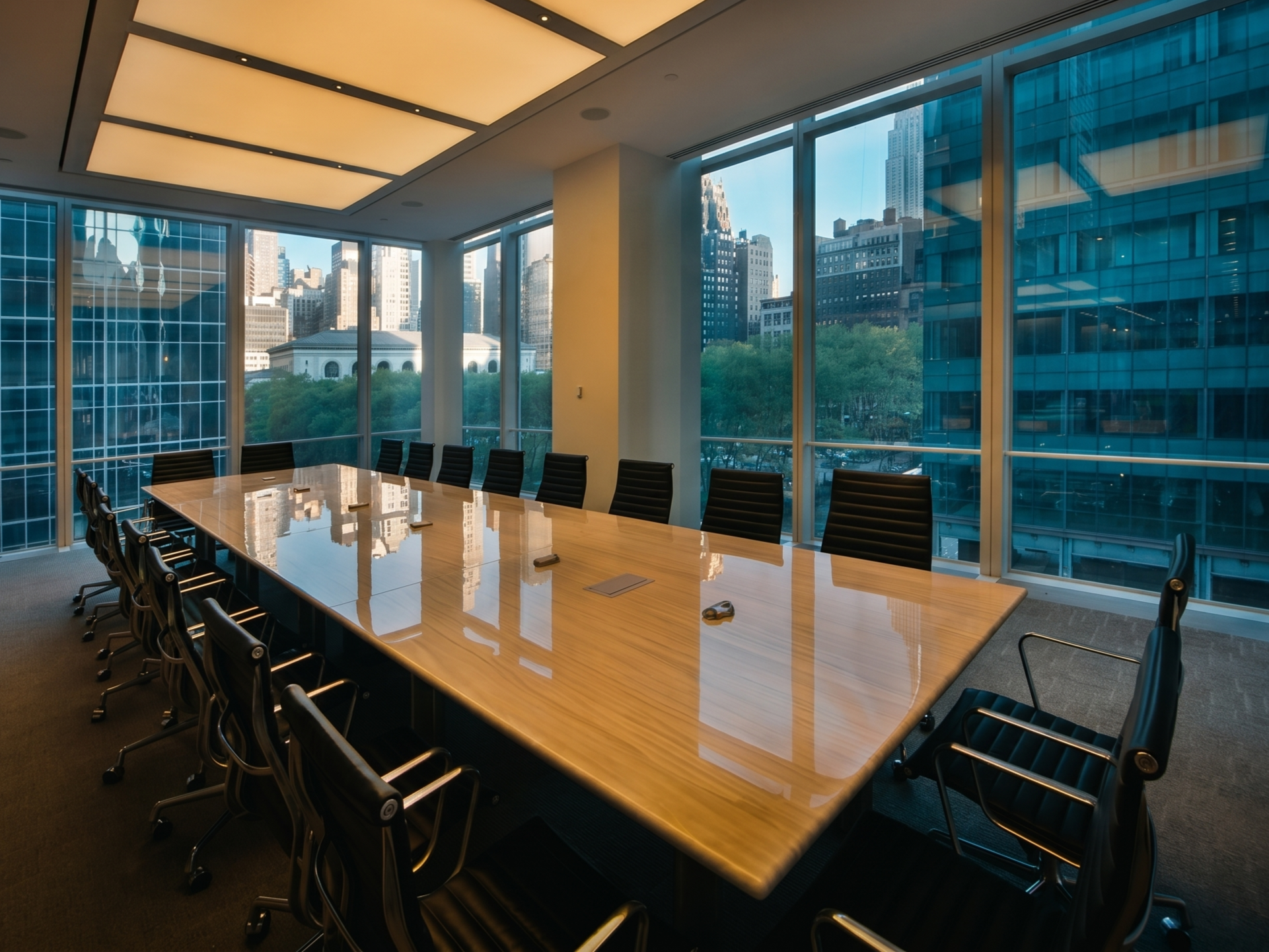 Executive boardroom with floor-to-ceiling windows overlooking the city