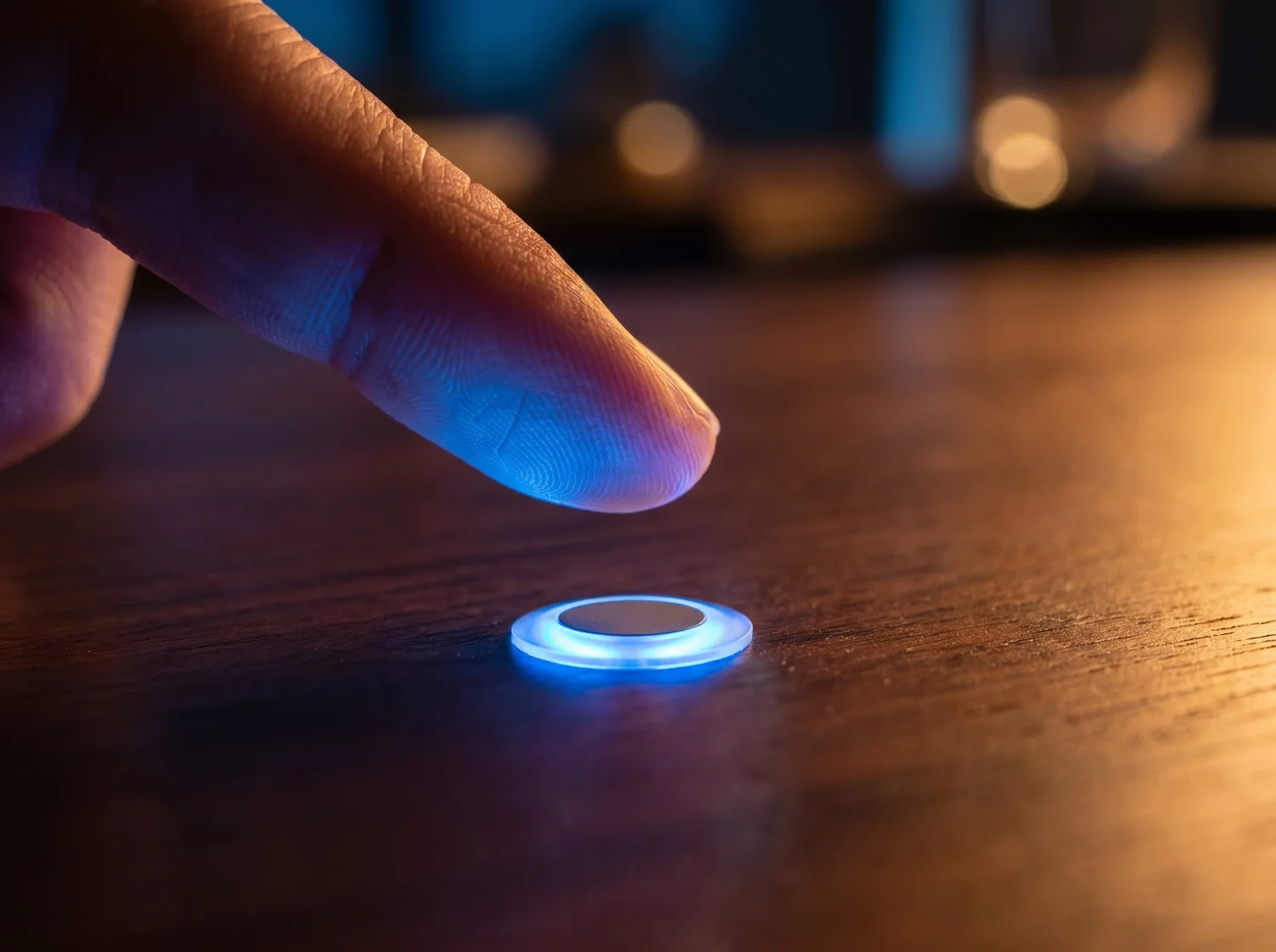 A participant pressing an illuminated microphone control