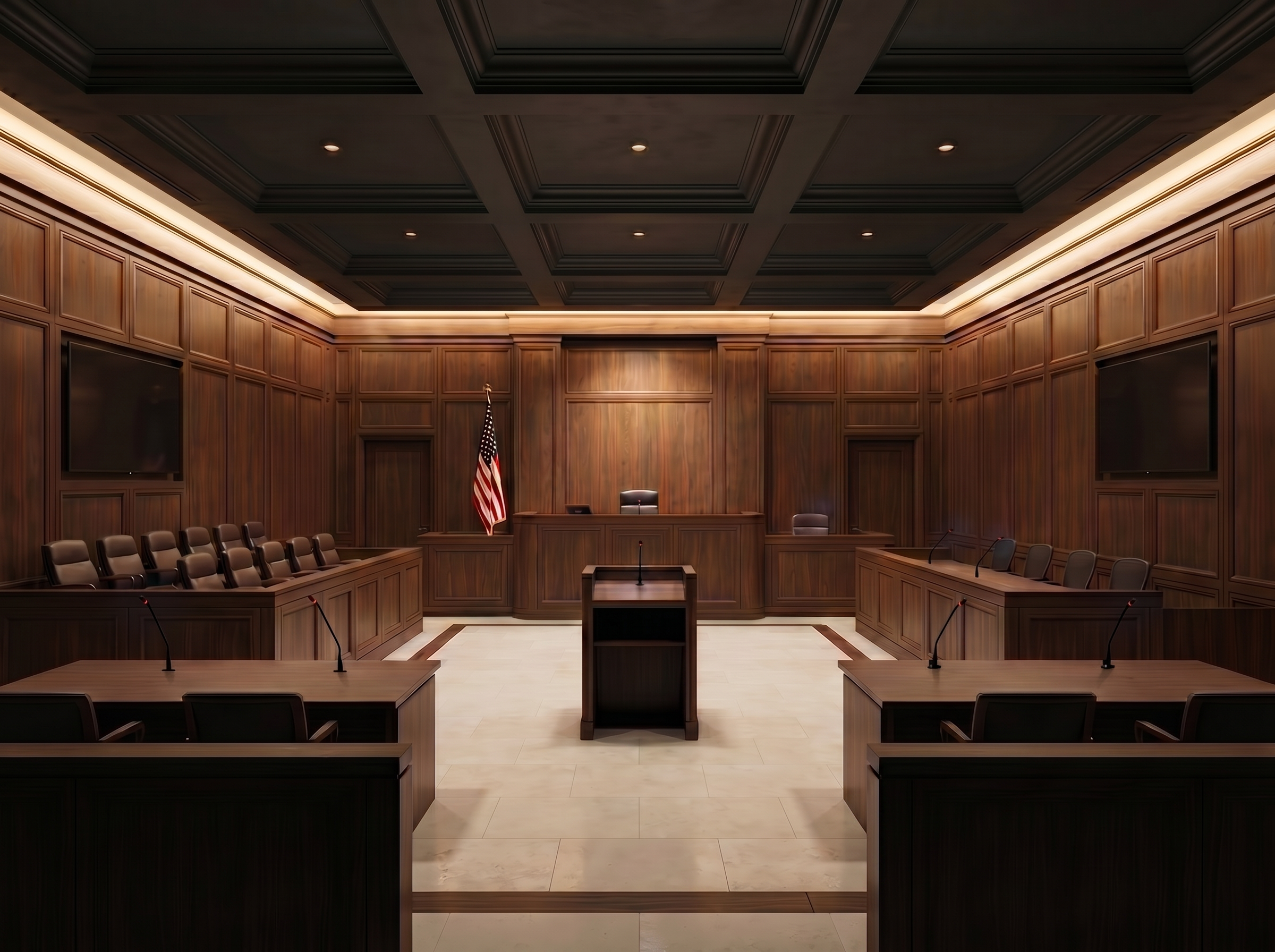 Courtroom with microphones at the bench and counsel positions