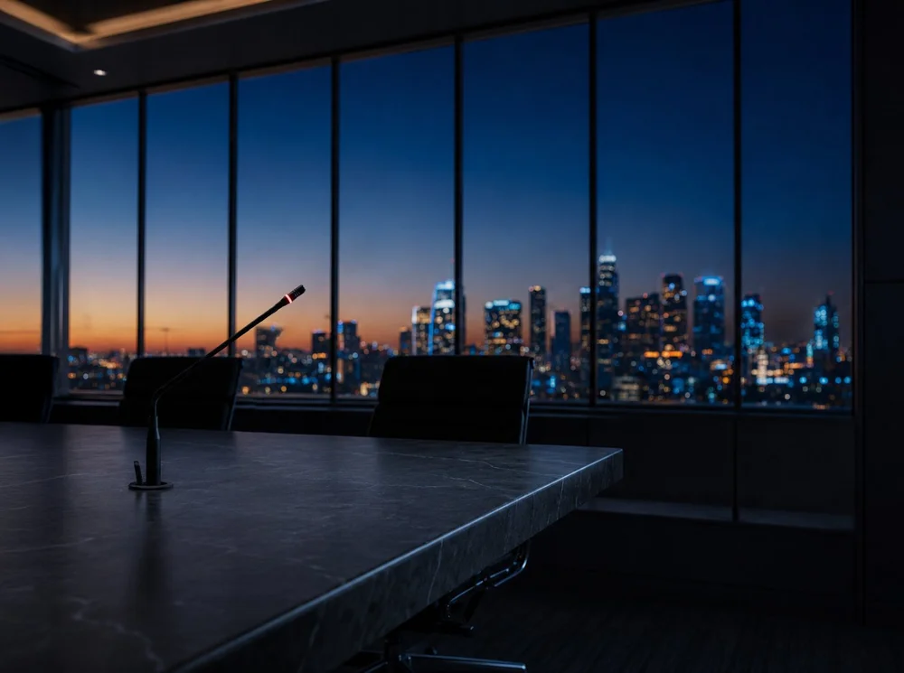 Gooseneck microphone on a boardroom table at dusk, status indicator lit