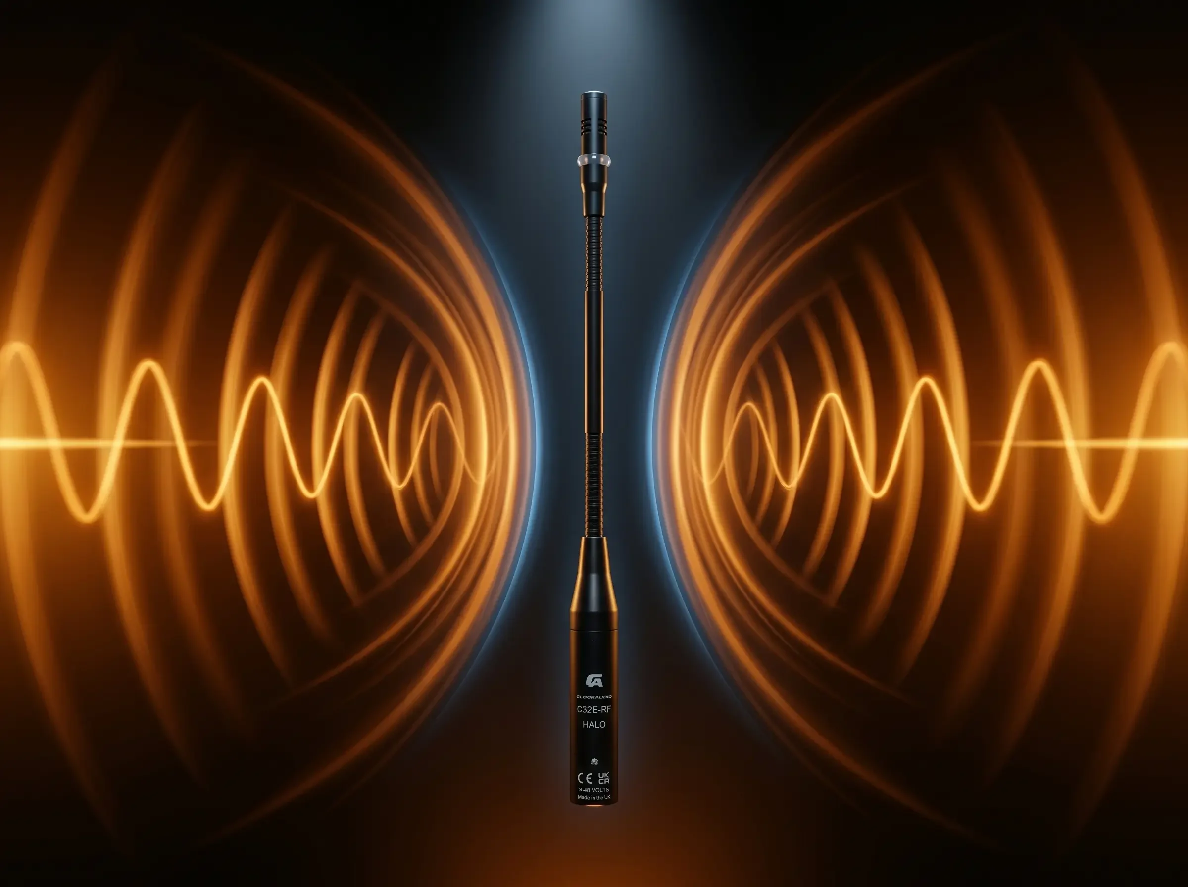 Clockaudio C32E-RF Halo gooseneck microphone surrounded by visualized sound waves