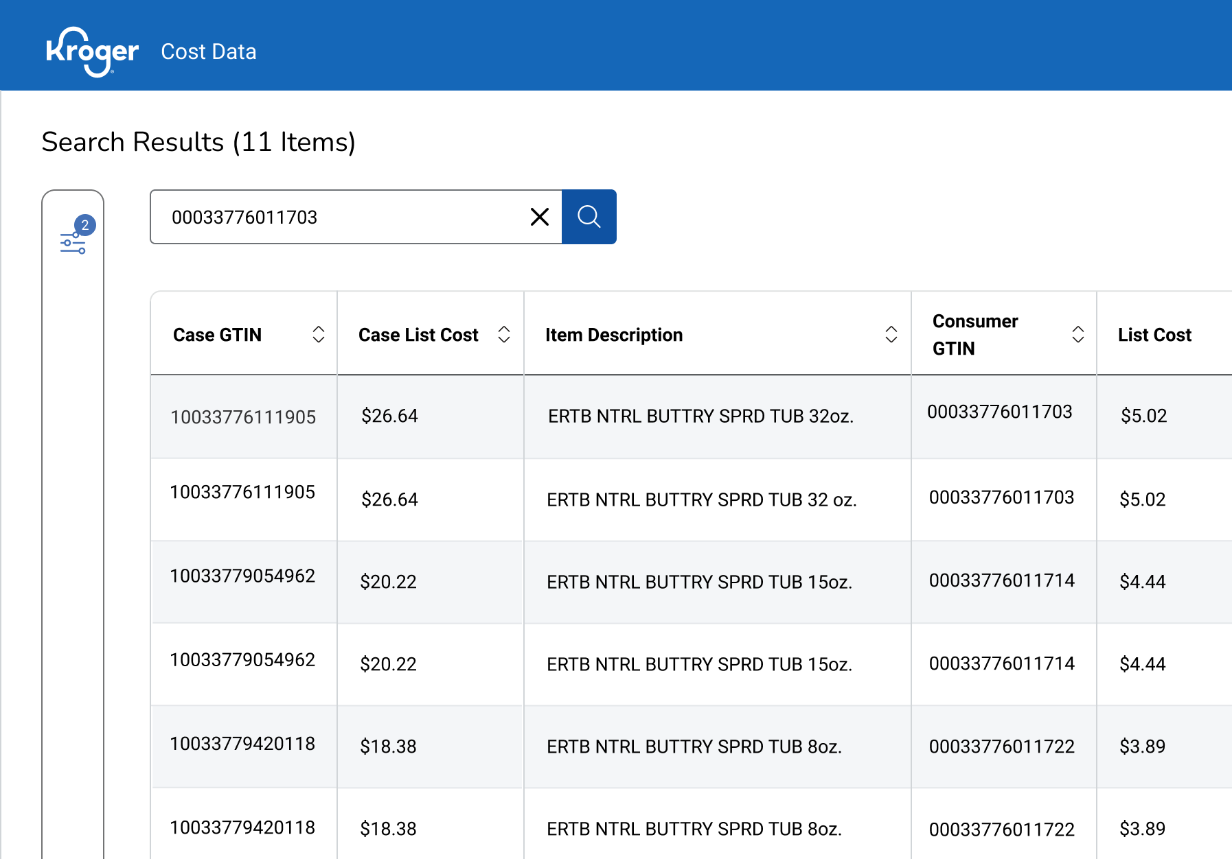 Kroger Cost Data View