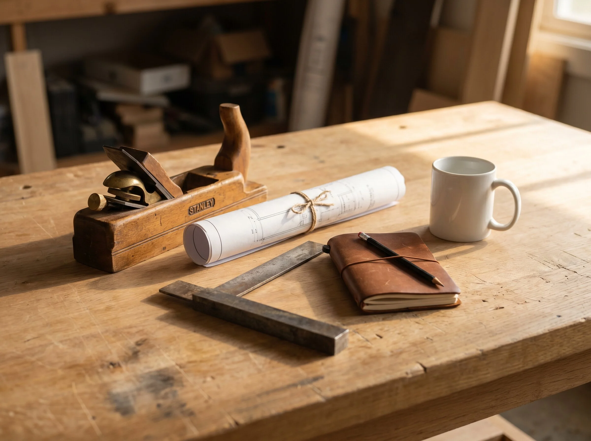 Tool belt and architectural blueprints on a worn workbench