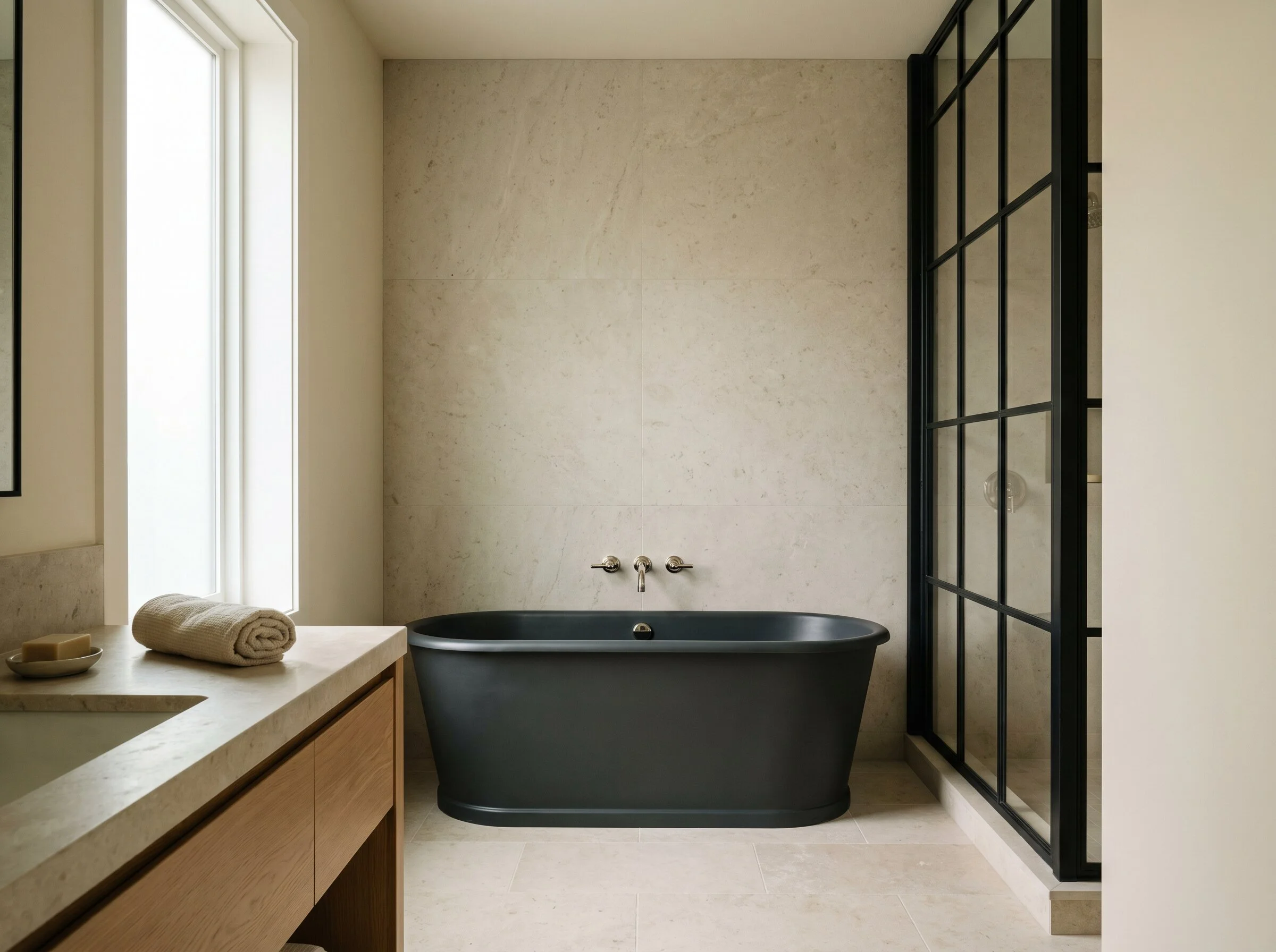 Spa-like primary bathroom with walk-in shower and stone vanity