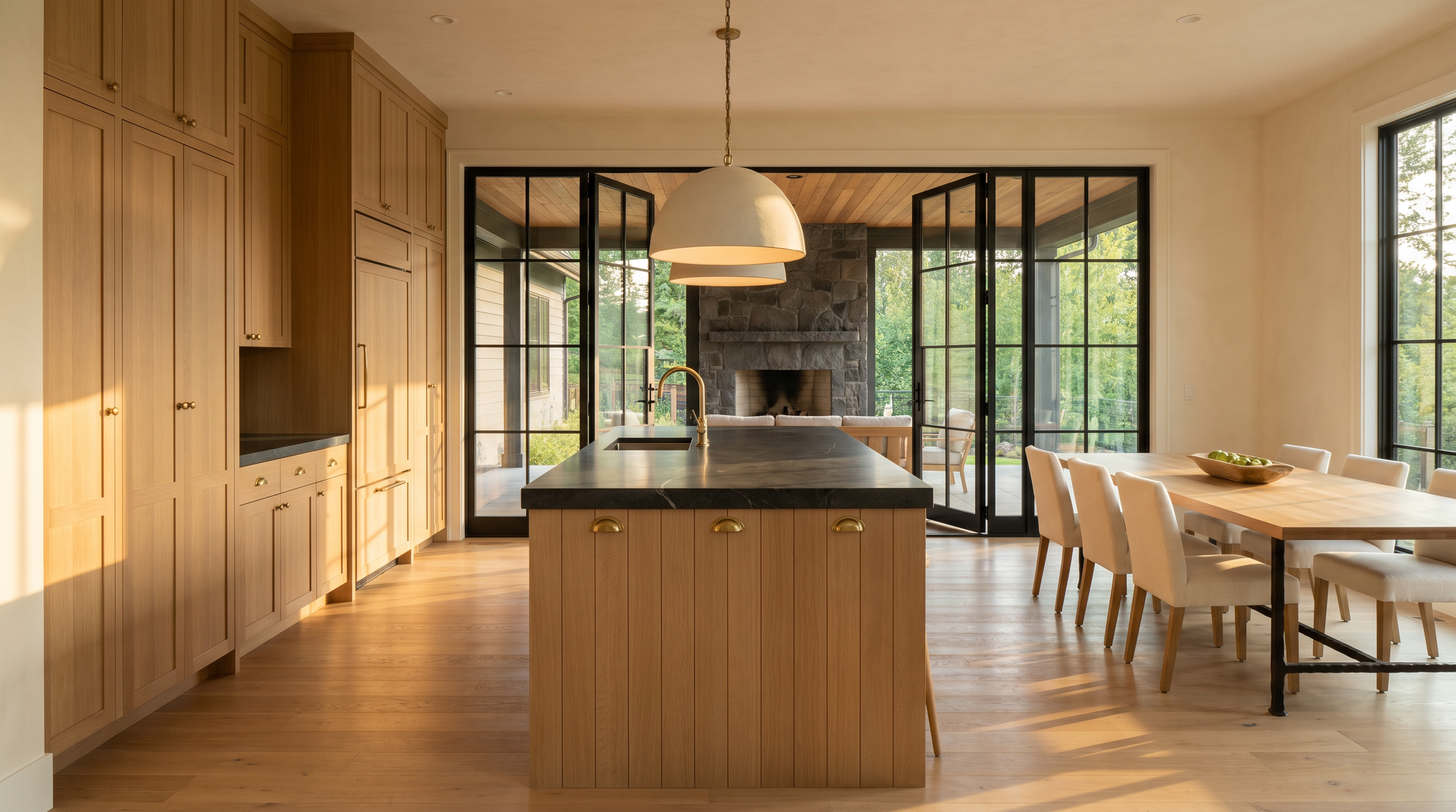 Custom Pacific Northwest kitchen with white-oak millwork and honed marble island