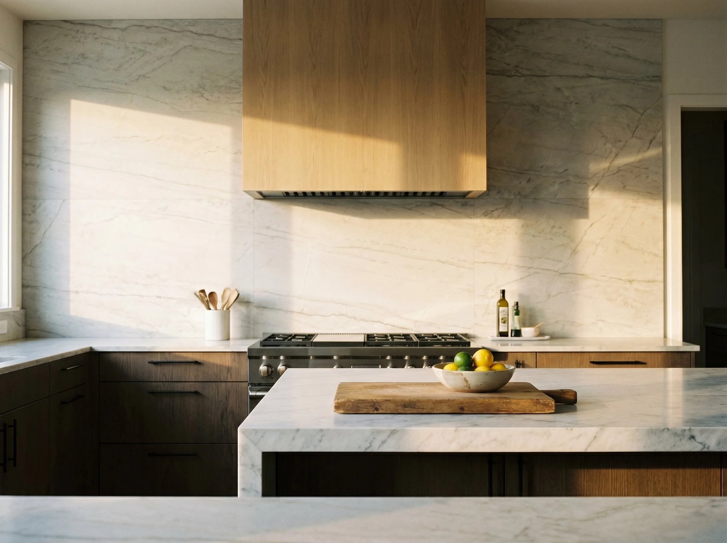 Custom Pacific Northwest kitchen with white-oak millwork and honed marble