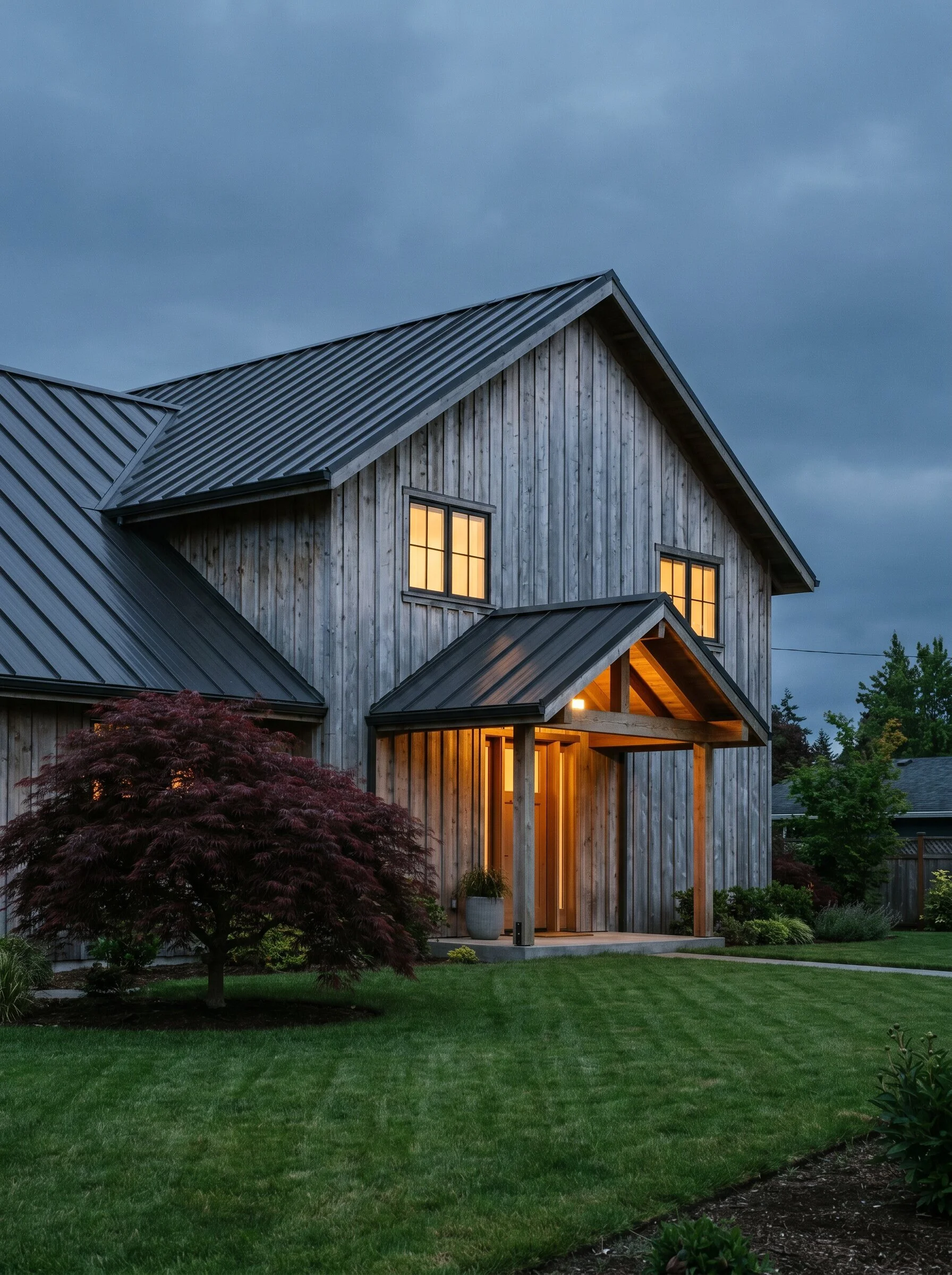 Custom Pacific Northwest home at dusk