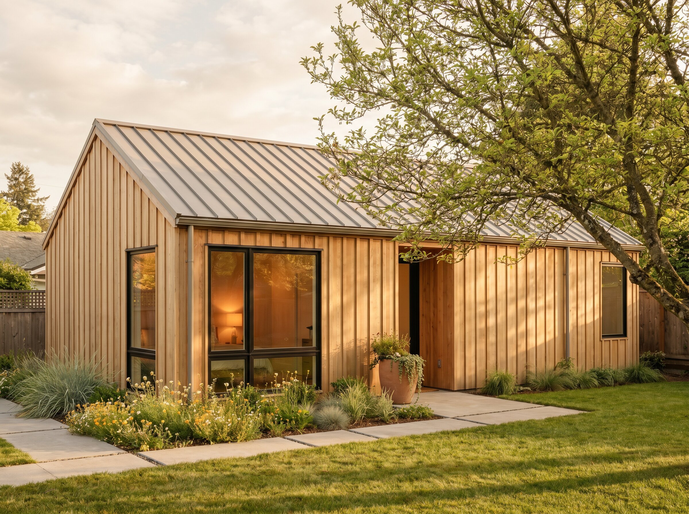 Detached accessory dwelling unit with cedar siding and metal roof