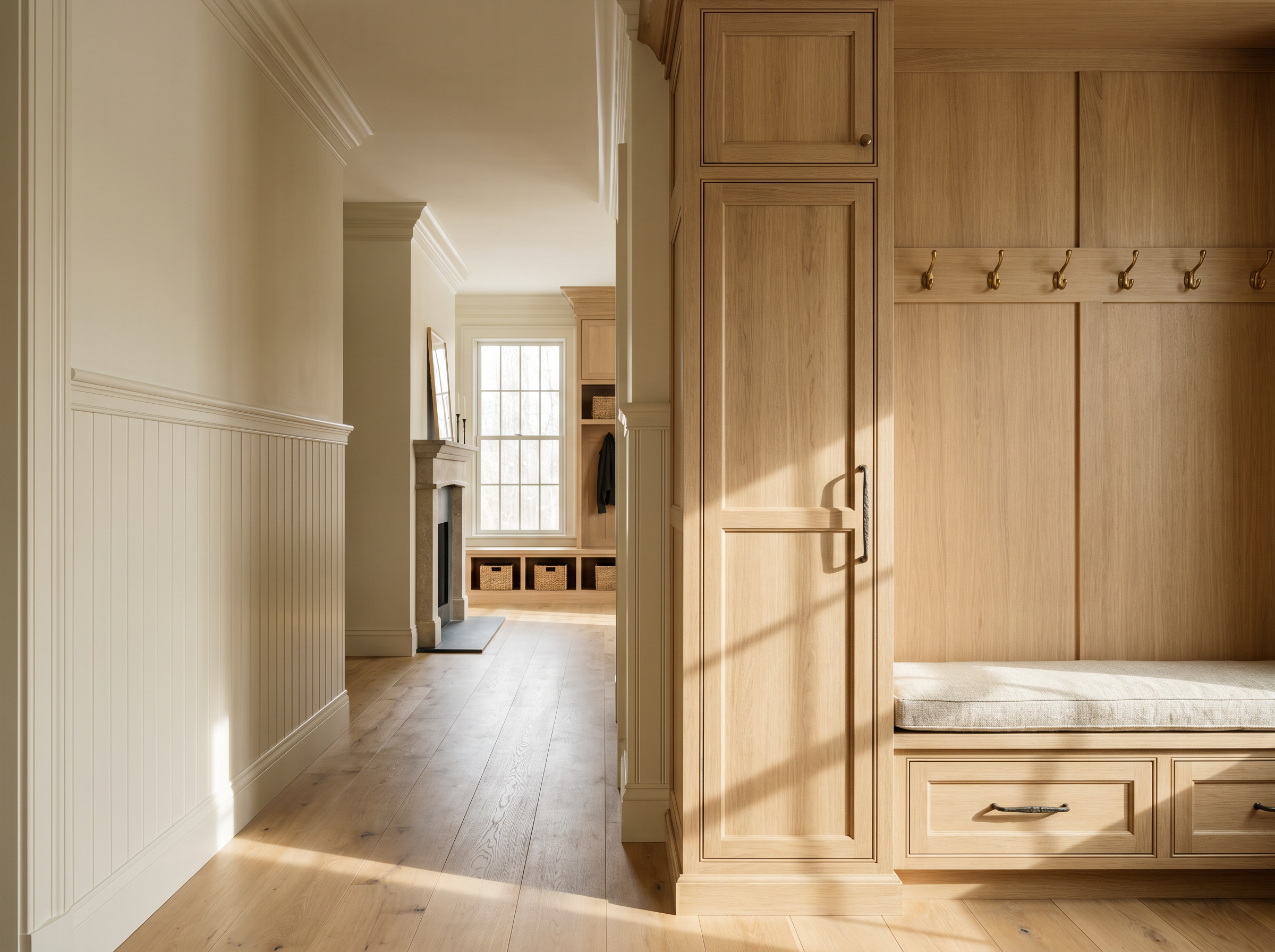 Craftsman finishing custom millwork in a residential workshop