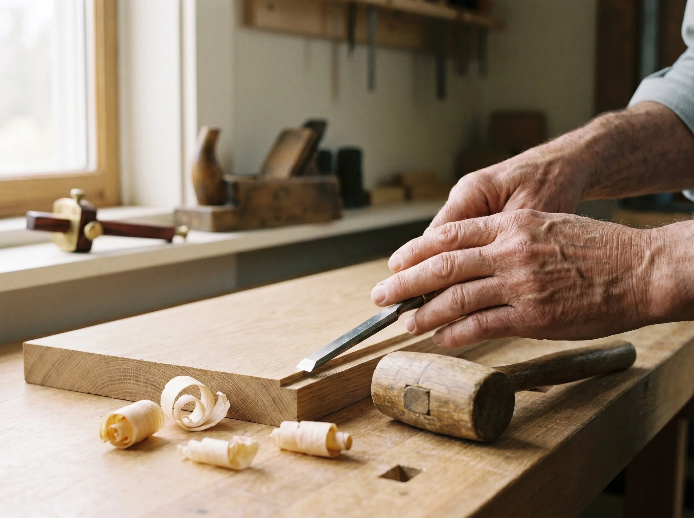 Craftsman finishing custom millwork in a residential workshop