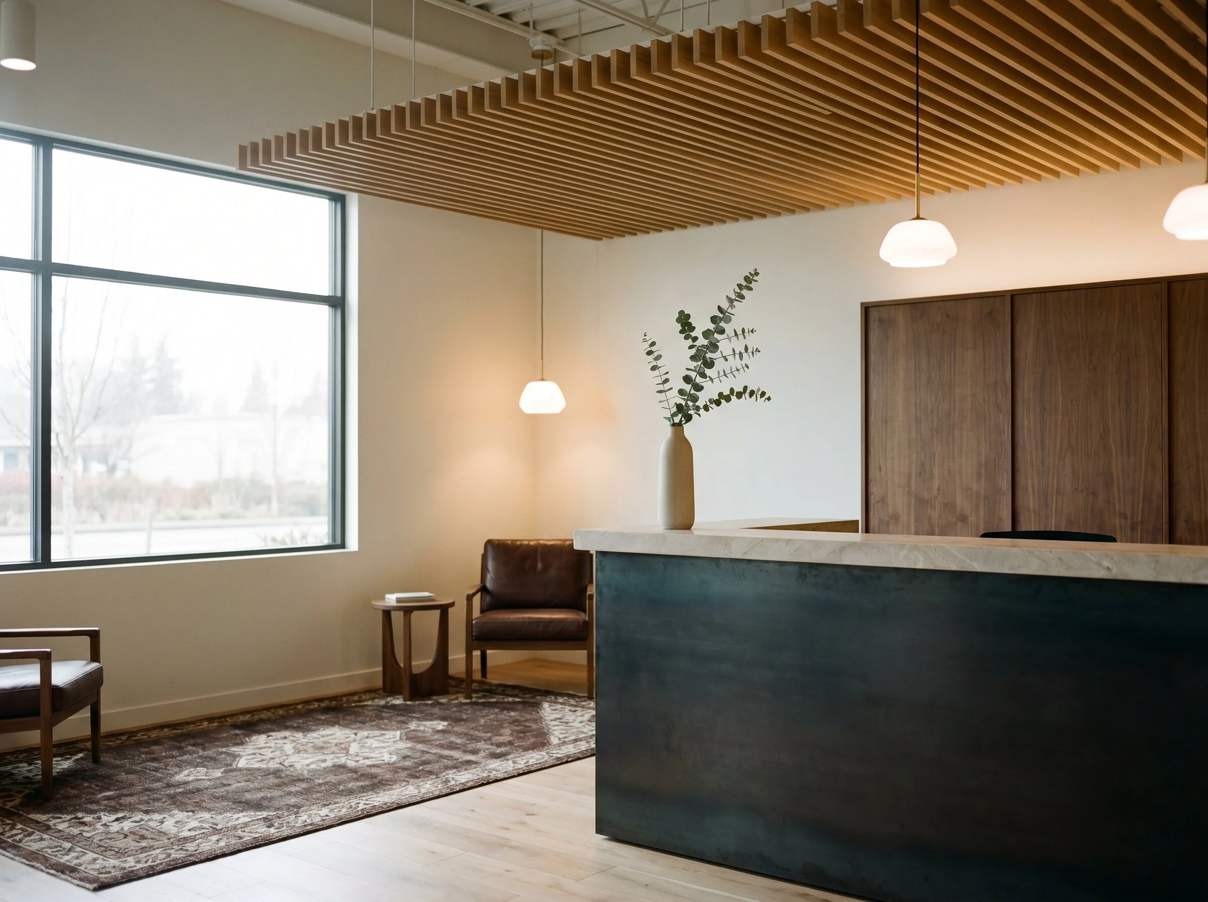 Boutique professional services office with slat-wood ceiling and blackened steel reception desk