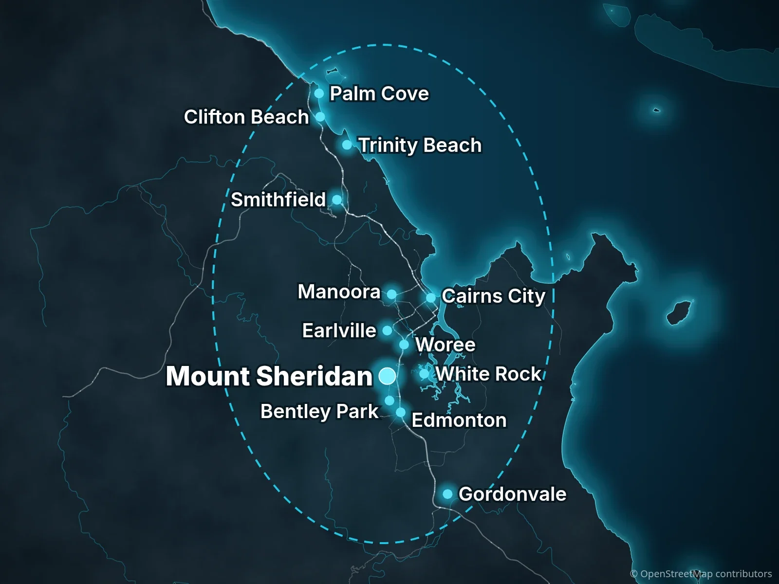 Service area map: Palm Cove to Gordonvale, home base Mount Sheridan