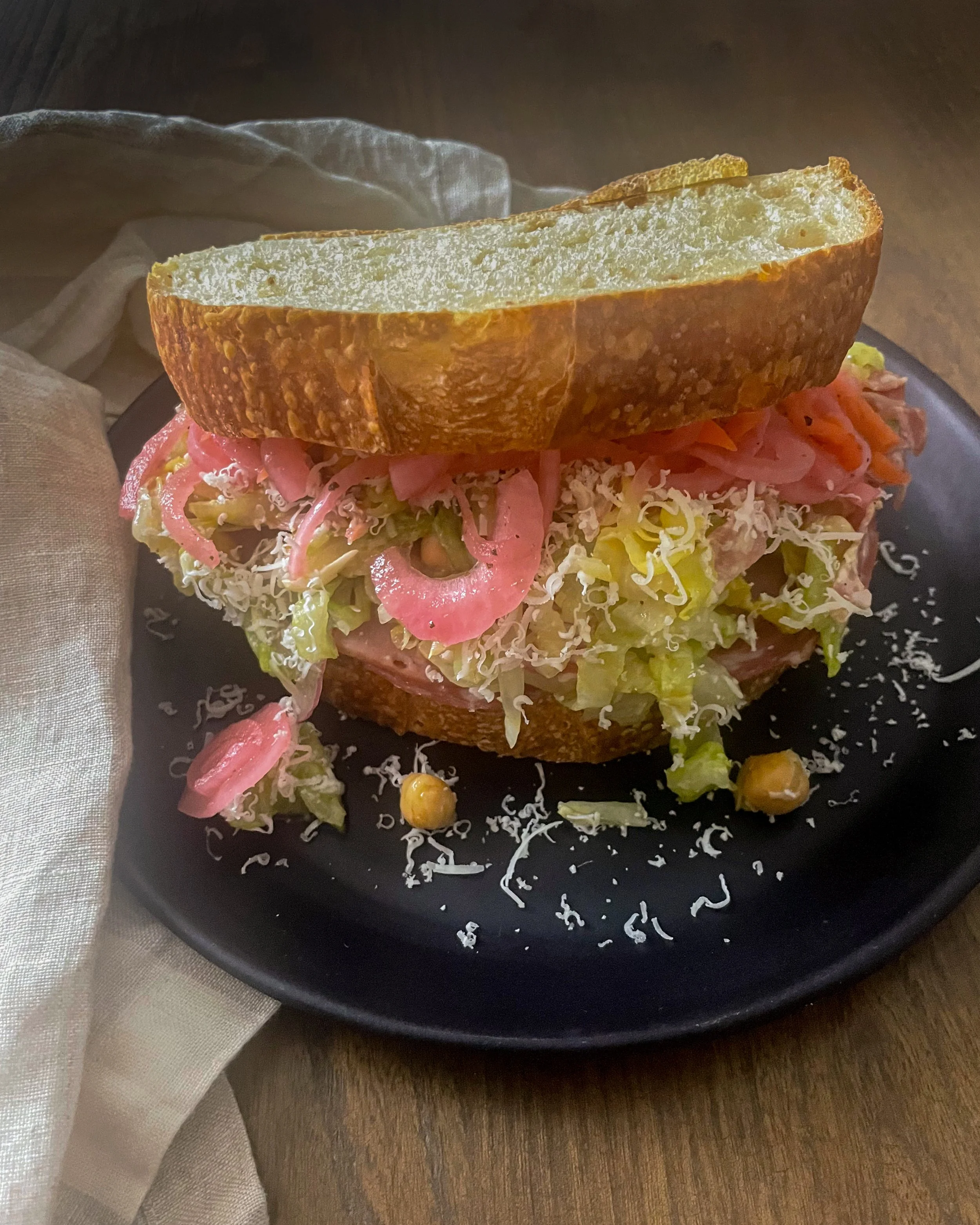 La Scala chopped salad sandwich with pickled onions on sourdough