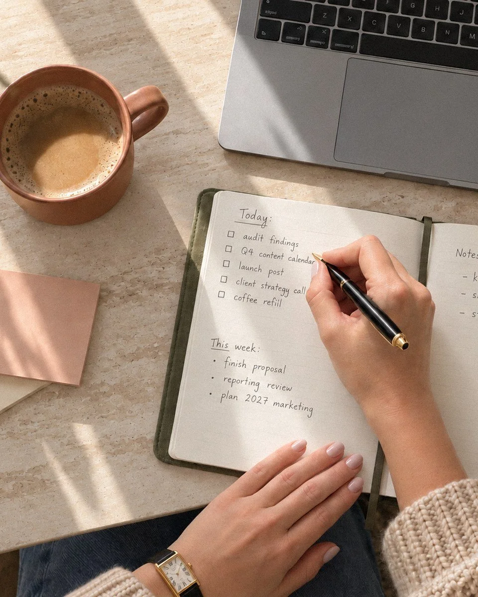 Overhead view of Caroline writing the week's plan in a notebook beside a coffee and laptop