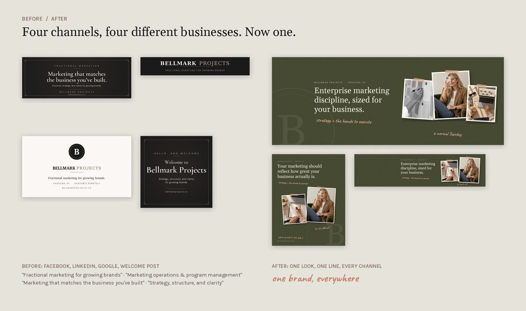 Before and after: four old channel graphics with four different taglines, next to the new matching cover, banner and launch post.