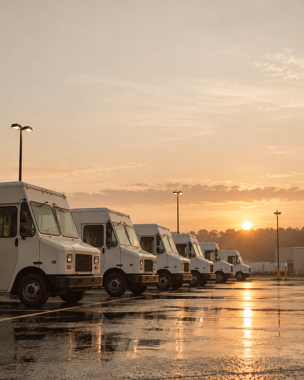 A row of white delivery vans parked on a wet station lot at sunrise
