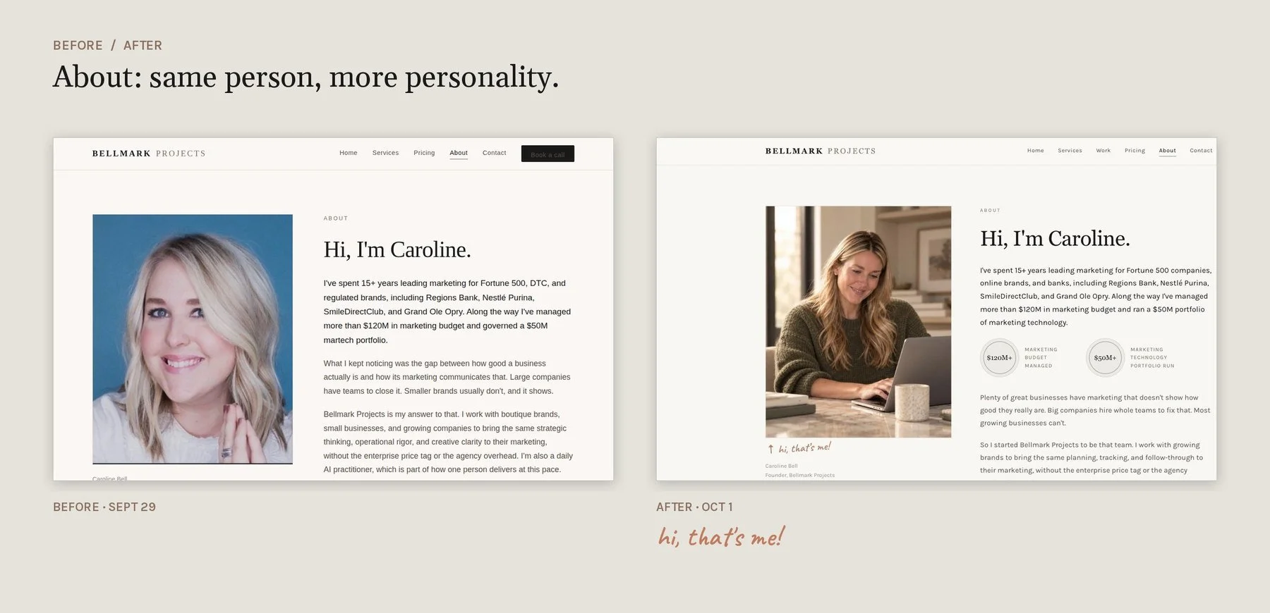 Before and after: the About page on Sept 29 and on Oct 1.