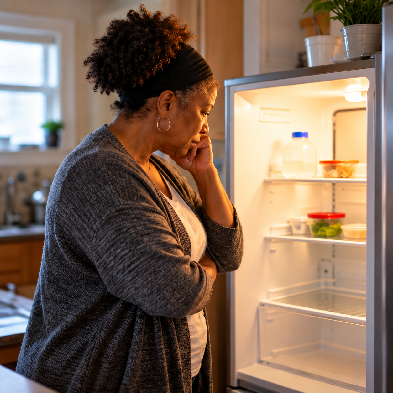 A woman stands at an open, nearly empty refrigerator, hand to her chin, deep in thought