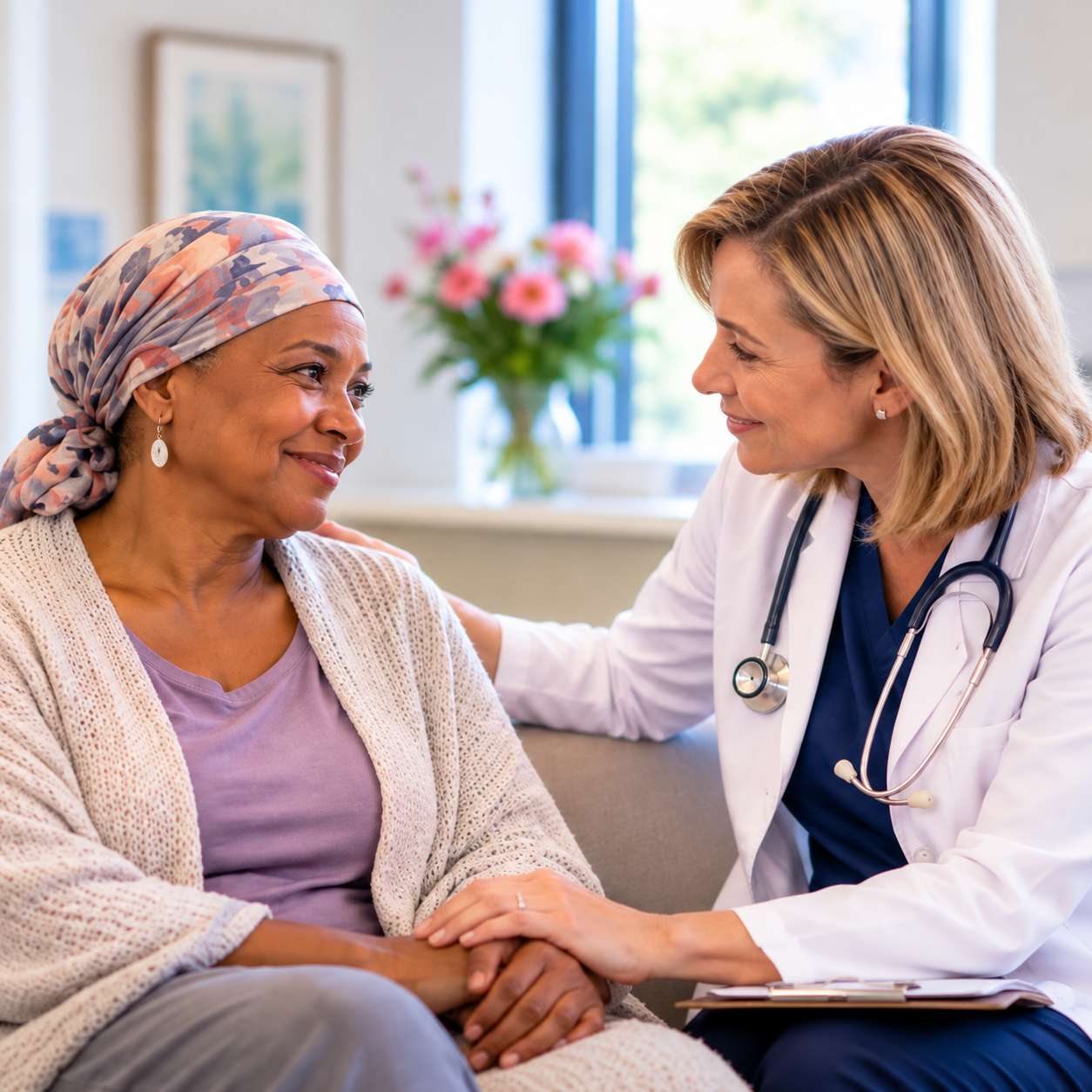 A doctor sits beside a smiling patient wearing a headscarf, holding her hands
