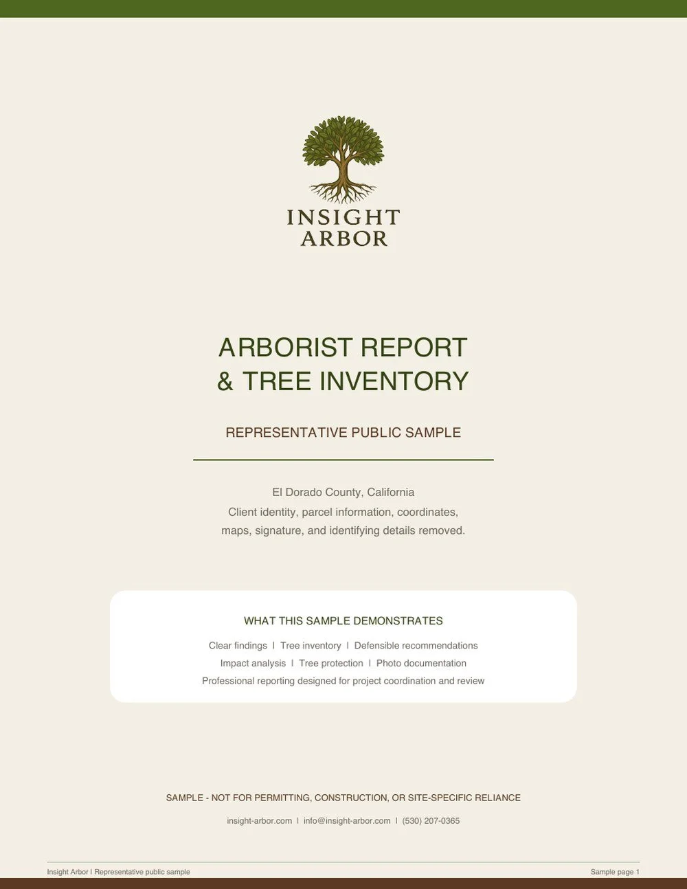 Cover of an Insight Arbor redacted sample arborist report
