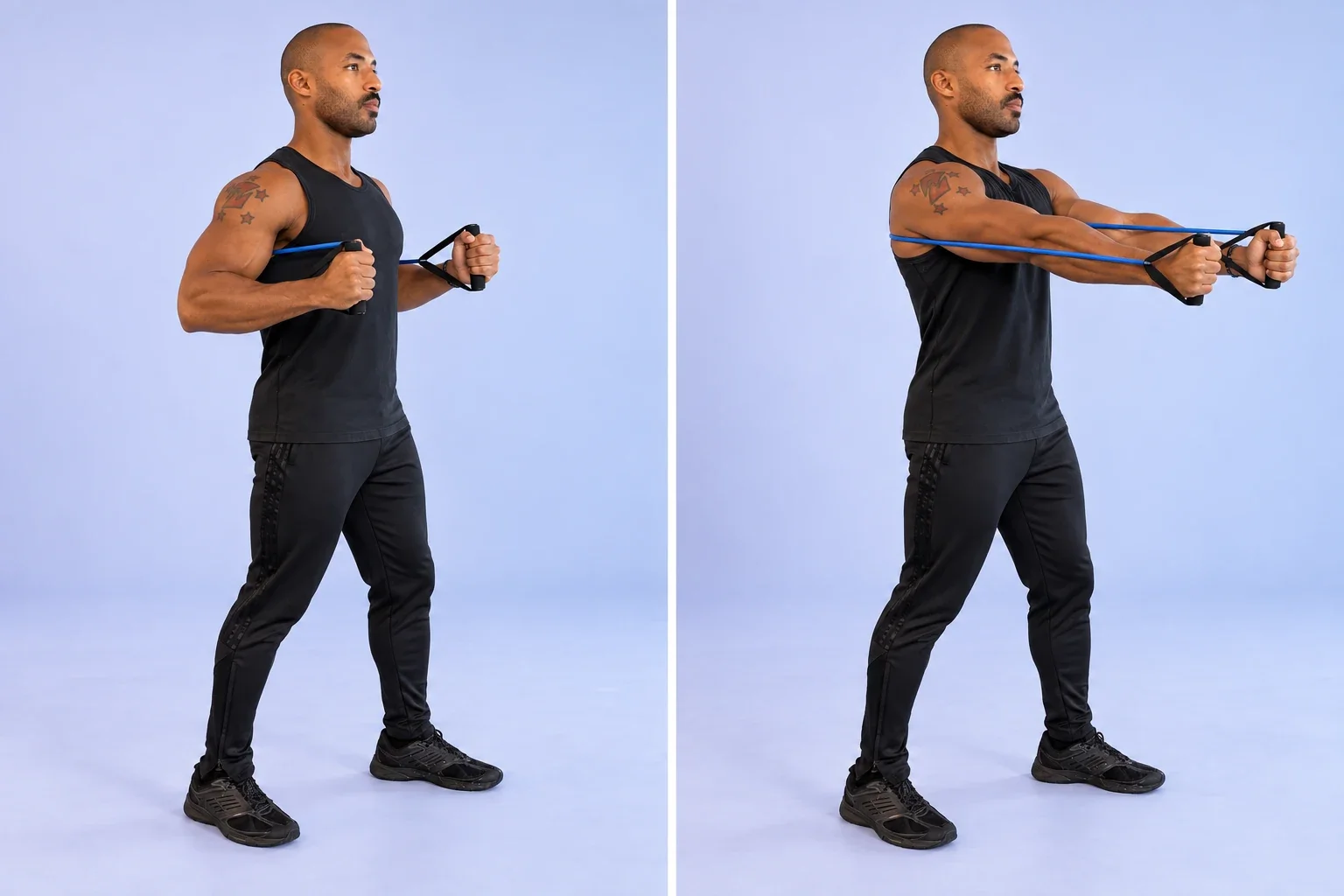 Jahfari illustrating a resistance-band chest press