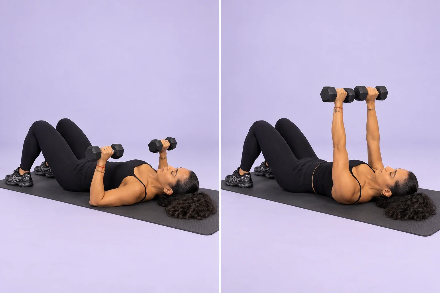Angie illustrating a dumbbell floor press