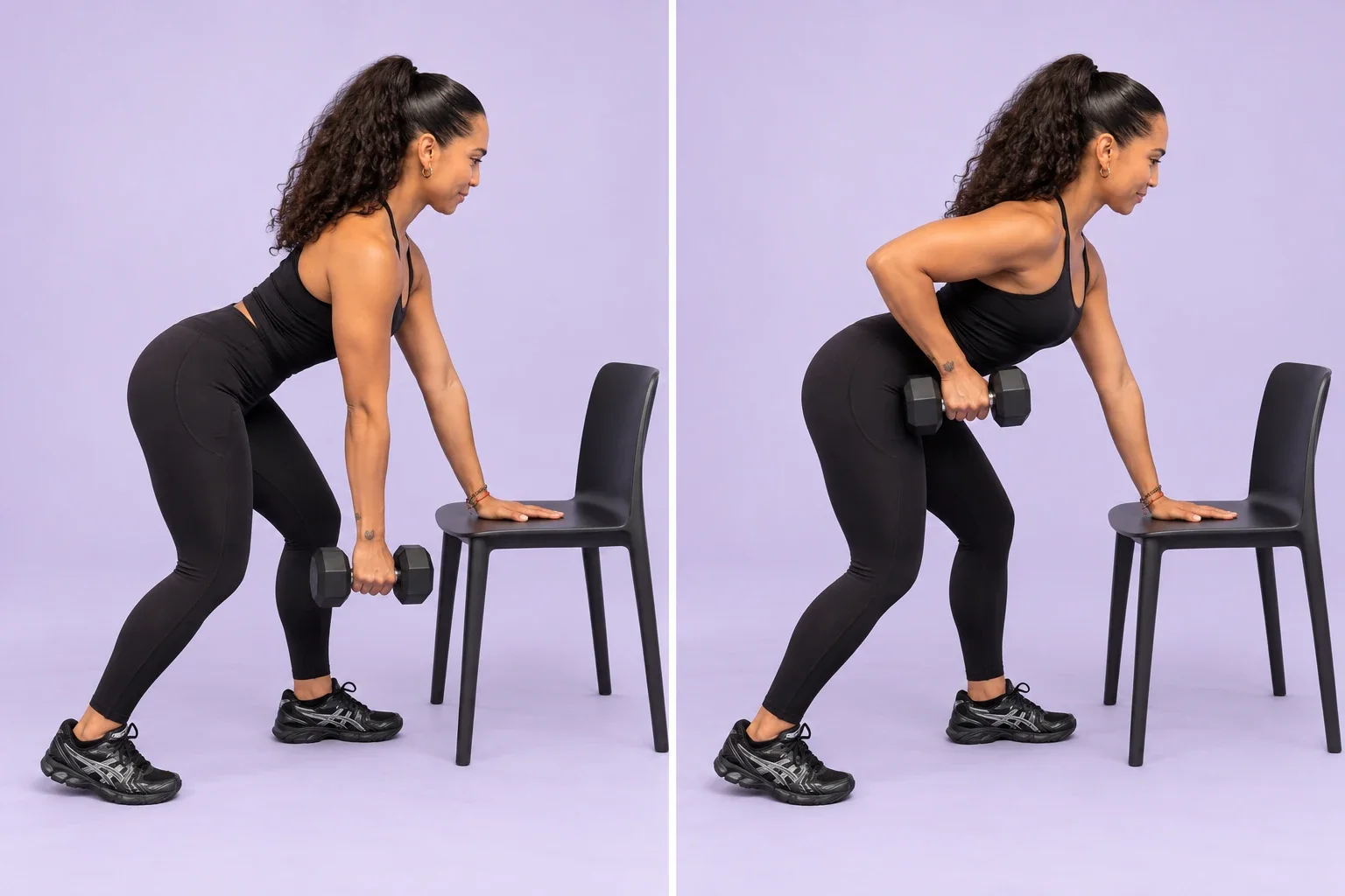 Angie illustrating a supported dumbbell row