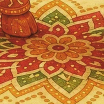 The rangoli star under the hooves of the sandalwood horse