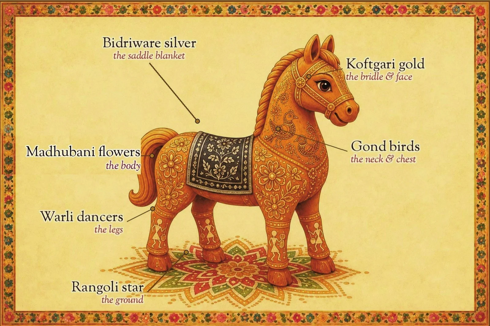 The sandalwood horse, labelled to show where each of the six art traditions appears on him