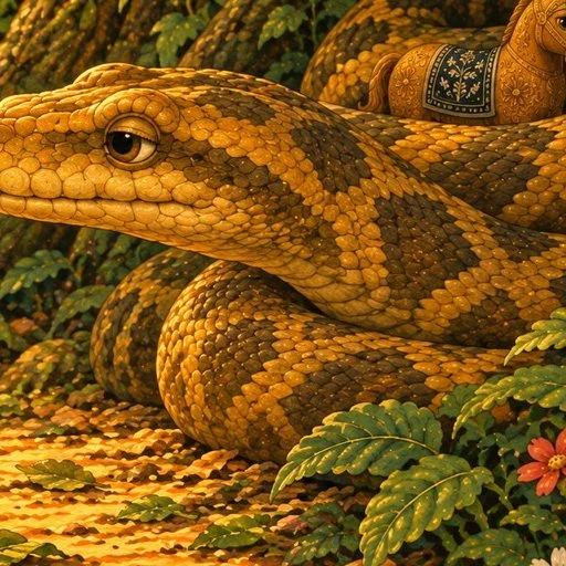 The python, coiled beside the sandalwood horse