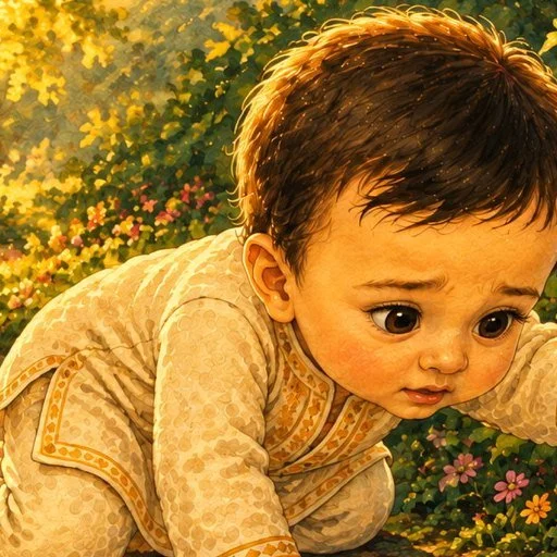 Kian crawling through the flowers