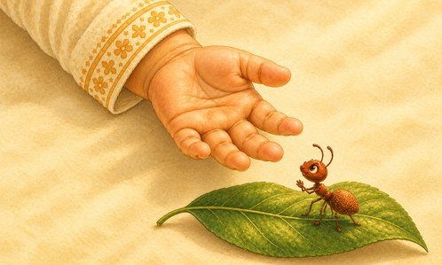 A small hand waiting near an ant on a leaf