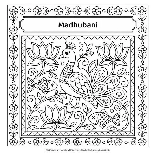 Coloring page of a Madhubani peacock with lotus flowers and fish
