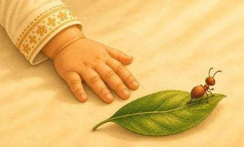 A small hand letting the ant walk away on its leaf