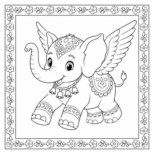 Coloring page of Indravat, the winged elephant