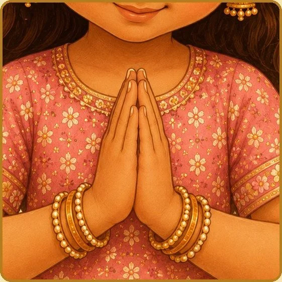 A girl in a pink kurta with her palms together and her head bowed