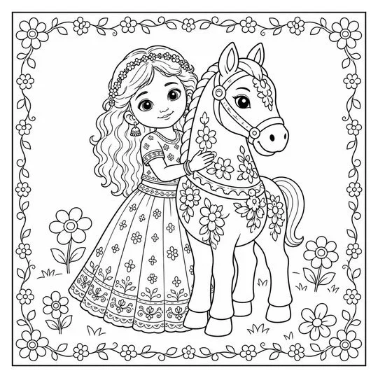 Coloring page of Sofie standing with her sandalwood horse