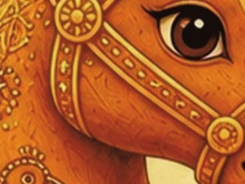 Koftgari gold on the bridle of the sandalwood horse