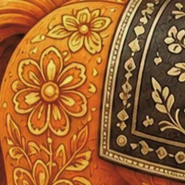 Madhubani flowers painted on the body of the sandalwood horse